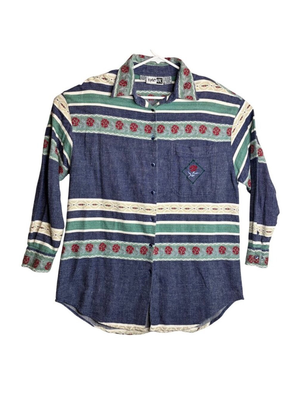 Krazy Kat Vintage 1995 Denim Shirt 14 16 L Rose Embroidered Striped Button Up - Picture 1 of 8